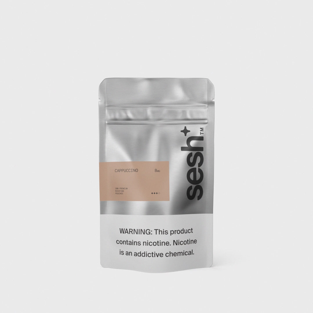 Sesh cappuccino nicotine pouches in a silver 200-count bulk bag, 8mg strength