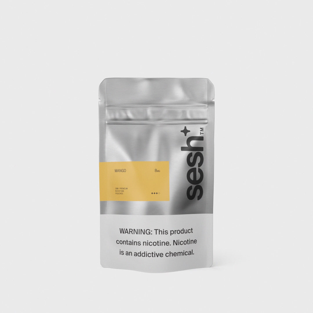 Sesh+ mango nicotine pouches, 8mg strength, 200 count silver resealable bag with health warning