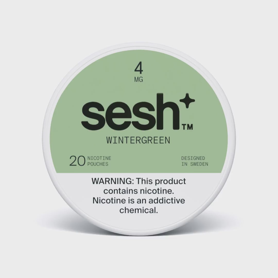Sesh+ Wintergreen nicotine pouches tin with 4mg strength and 20 pouches on a light green label